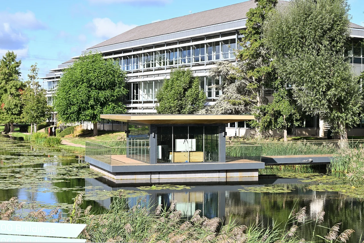 The Floating Pavilion and surrounding lakeside amenities at Arlington Park