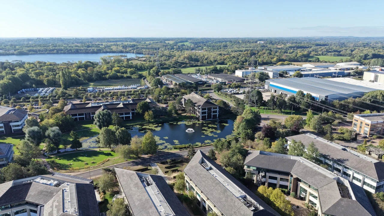 Aerial view of Arlington Park's lakes and landscaped campus